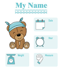 Cute bear. Baby birth print. Baby data template at birth. Weight, measurement, time and day of birth	
