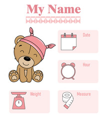 Cute bear. Baby birth print. Baby data template at birth. Weight, measurement, time and day of birth