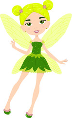 Cartoon fairy girl in green dress. Fairytale character with magic wings. Flat vector design