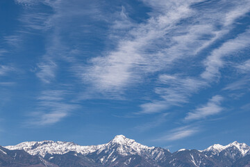 冠雪した八ヶ岳連峰と青空