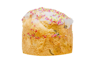 Big sweet Easter cupcake sprinkled with colored dragees isolated on white background