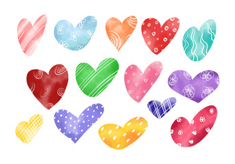 A set of watercolor cute multicolored hearts for the design of postcards, fabrics, posters, design. Romantic illustration, love, hearts, valentine's day.