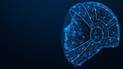 An astronaut wearing a spacesuit helmet.  Space exploration mission. Polygonal design of interconnected lines and points. Blue background.