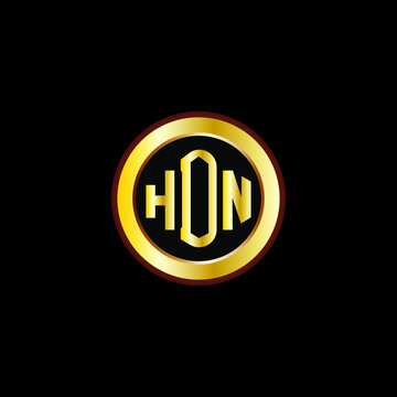 HDN letter circle logo design. HDN letter logo design with black background. HDN creative letter logo with gold colors.
