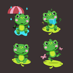 Cute green Frog. A set of frogs in different situations. Isolated vector illustration