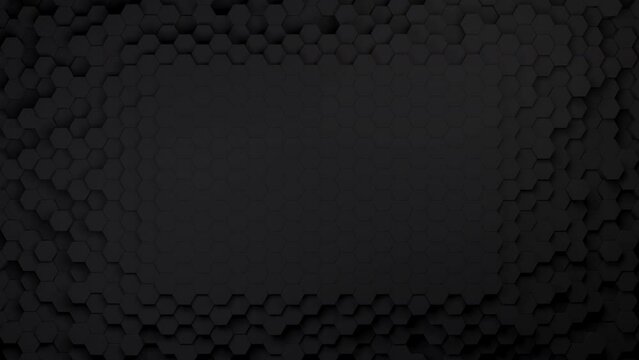 3d hexagon abstract background. Black structure and texture of geometric pattern honeycomb in motion. Futuristic, tech animated backdrop