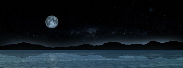 full moon over the sea , worm moon , full moon in march 3d illustration