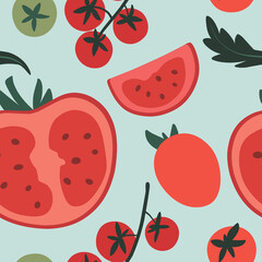 Seamless pattern with various tomatoes. Vector illustration.