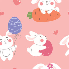 Seamless pattern with cute white Easter bunnies. Vector illustration with holiday characters.