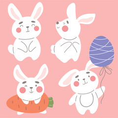 Obraz na płótnie Canvas Collection of cute white Easter bunnies. Vector illustration with holiday characters.