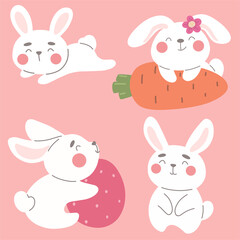 Collection of cute white Easter bunnies. Vector illustration with holiday characters.
