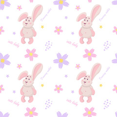 Fototapeta premium Seamless pastel pattern with cute pink bunny, flowers and cute baby lettering on a white background. Vector design for baby products, diapers, clothes, textiles, wrapping paper, prints, decorations.