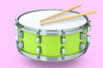 Realistic drum and wooden drum sticks on pink. 3d render of musical instrument