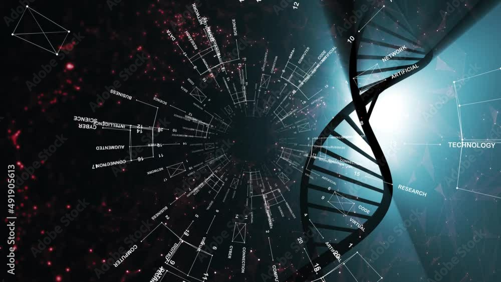 Aufkleber rotating of three-dimensional dna molecule on artistic dark copy space animation background with art