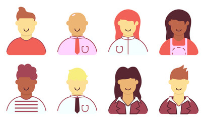 Conjunto de vetores no estilo flat de pessoas de várias cores e cabelos.