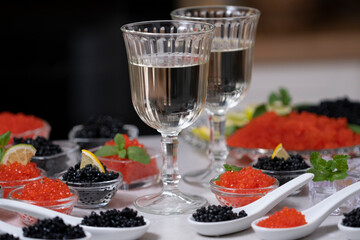 Caviar and two glass with white wine or champagne. Tasting salmon red caviar and black beluga sturgeon salted roe. Set of delicious snacks on tasting table on banquet. Expensive delicacy
