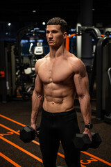 Fototapeta na wymiar Shirtless bodybuilder man doing dumbbell workout in gym, bodybuilding