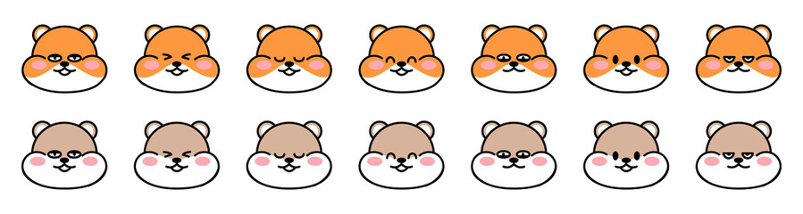 Set of cute faces drawn hamsters. Kawaii hamster with different facial expressions. Collection of avatars mascots funny character animal stickers isolated on white. Vector stock illustration