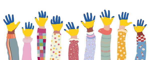 Group of raised arms of children who have their palms painted in the colors of the Ukrainian flag. Support for Ukraine. Peace concept. Stop the war. Isolated