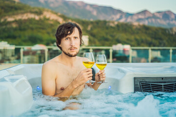 Portrait embarrassed man relaxing at hot tub to whom the woman did not come on a date. February 14...