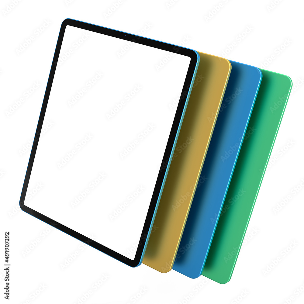 Poster set of computer tablets with cover case and blank screen isolated on white.