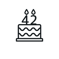 Birthday cake line icon with candle number 42 (forty-two). Vector.