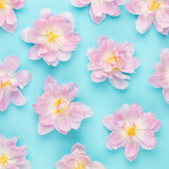 Pink tulips blossom pattern on pastel background.