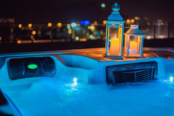 Hot tub with candles ready to take a bath. Valentines day concept