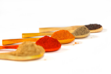 Curry Powders In Isolated Wooden Spoon. Selective Focus On Turmeric Powder