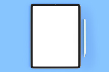 Computer tablet with pencil isolated on blue background.