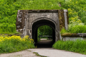 Russia. Kronstadt. June 5, 2020. Prokhonaya arch in the defensive fortifications of Fort SHANETS.