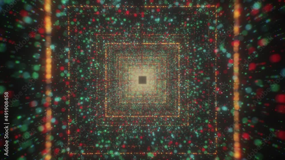 Poster tunnel with squares and shiny particles. motion. galactic tunnel with bright particles and square li