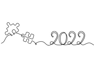 Abstract jigsaw puzzle with 2022 as line drawing on white background. Vector