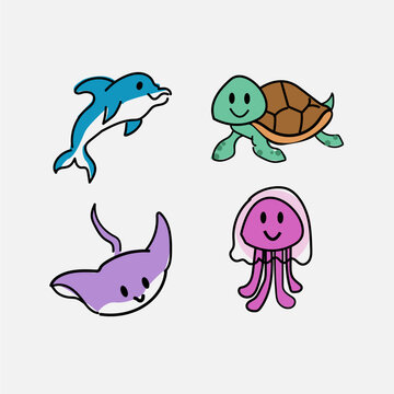 Cartoon sea animals. Cute animals icon. Underwater wildlife creatures vector illustration