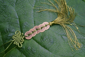 Chinese feng shui coins on a green background.