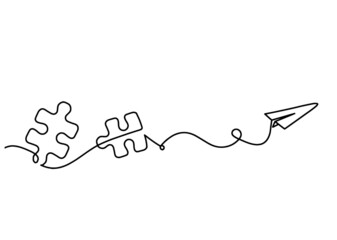 Abstract jigsaw puzzle with  paper plane as line drawing on white background. Vector