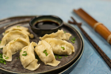 Gyoza or dumplings snack with soy sauce, selective focus, copy space.and chopsticks, sideview.