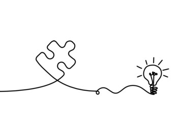 Abstract jigsaw puzzle with light bulb as line drawing on white background