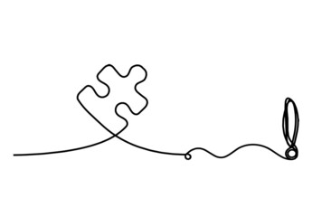 Abstract jigsaw puzzle with exclamation mark as line drawing on white background