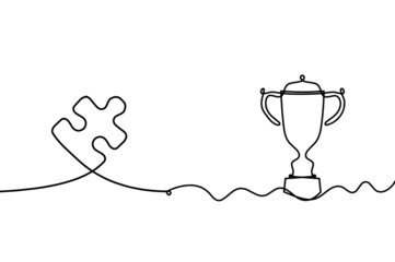 Abstract jigsaw puzzle with trophy as line drawing on white background