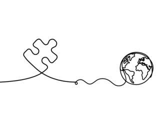Abstract jigsaw puzzle with globe as line drawing on white background. Vector