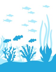 Fototapeta premium Underwater world silhouette. Fish and algae