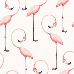 Seamless pink flamingo pattern on a light background. Cute style. Delicate colors. Stock illustration.