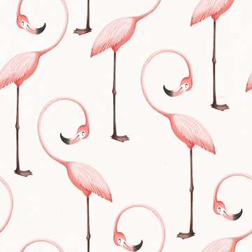 Seamless pink flamingo pattern on a light background. Cute style. Delicate colors. Stock illustration.
