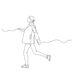 Abstract young woman wearing casual off-season urban clothes and walking in city, hand drawn modern fashion illustration, quick sketch, vector illustration with copyspace for advertising message