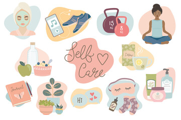 Self care activities to keep happy and healthy. Collection set of vector illustrations isolated on white.
