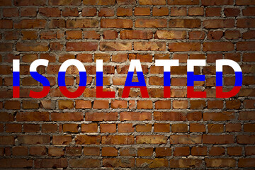 Brick wall with word isolated in Russian flag colors. Inscription isolated Russia restrictive wall background. Message wall flag war Russia ban. News world war economy sanctions icon. Crisis. Blocked.
