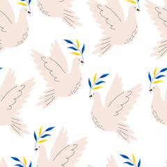 Dove flying with branch in colors of Ukrainian flag, flat seamless pattern illustration on white background. Pigeon bird as symbol of world peace and freedom for Ukraine during war time.