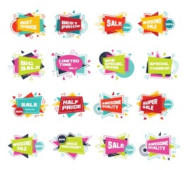 Set of colorful abstract chat label. Vector discount, advertising and promotion banners