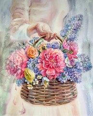 Flowers in basket. Watercolor bouquet. Design element. 